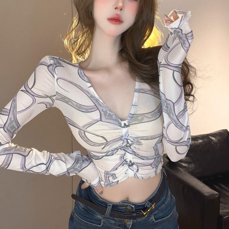 Pure Desire Sexy Sun Protection Long-sleeve Blouse Women's Summer Spicy Girl V-neck Mesh Pullover Top Base Layer T-shirt
