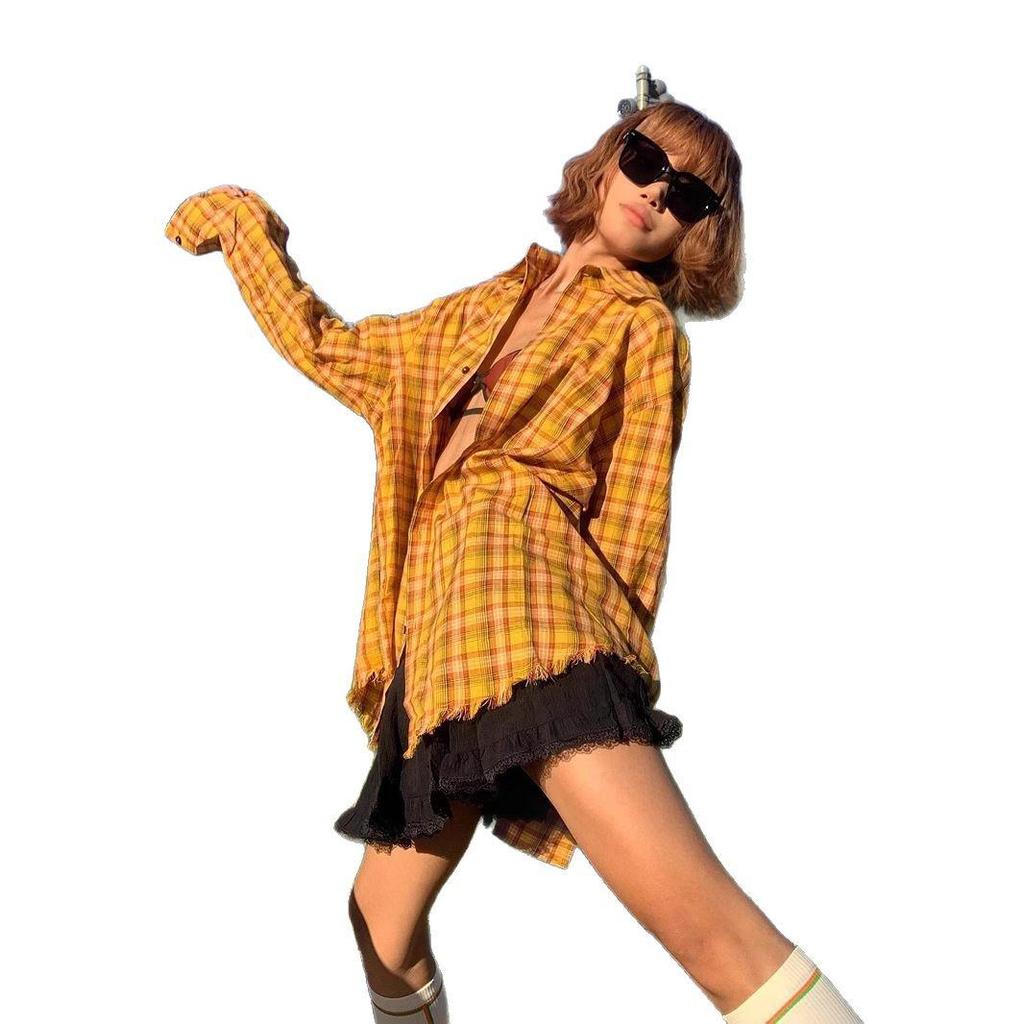 American Plaid Long-Sleeve Frayed Hem Cardigan Shirt