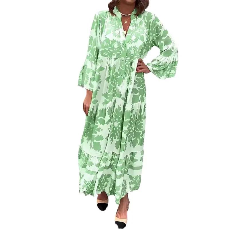 Autumn and Winter Women's Clothing Long Dress New Standing Collar Flared Sleeve Printed Casual Dress Fashionable Plus Size