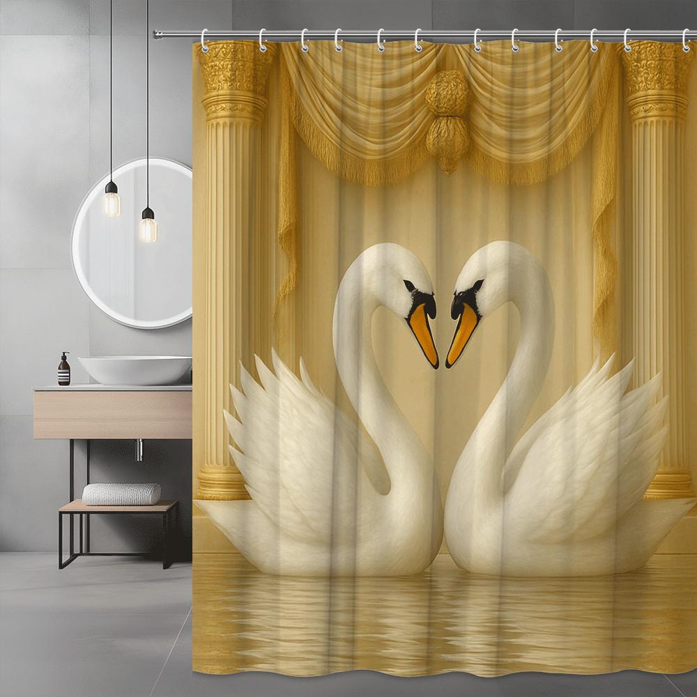 

Love Swan Couple Shower Curtain Golden Palace Background Romantic Heart Shape Decor Waterproof Free Hooks Included Non-Toxic W60H190(CM)-1 Pcs