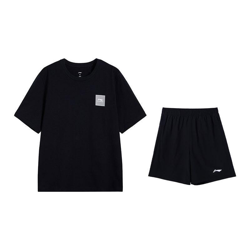 Li-Ning Fashion Logo Breathable Short Sleeve T-Shirt Comfortable Casual Pants Sports Suit Men suit Black W877-1+V236-1
