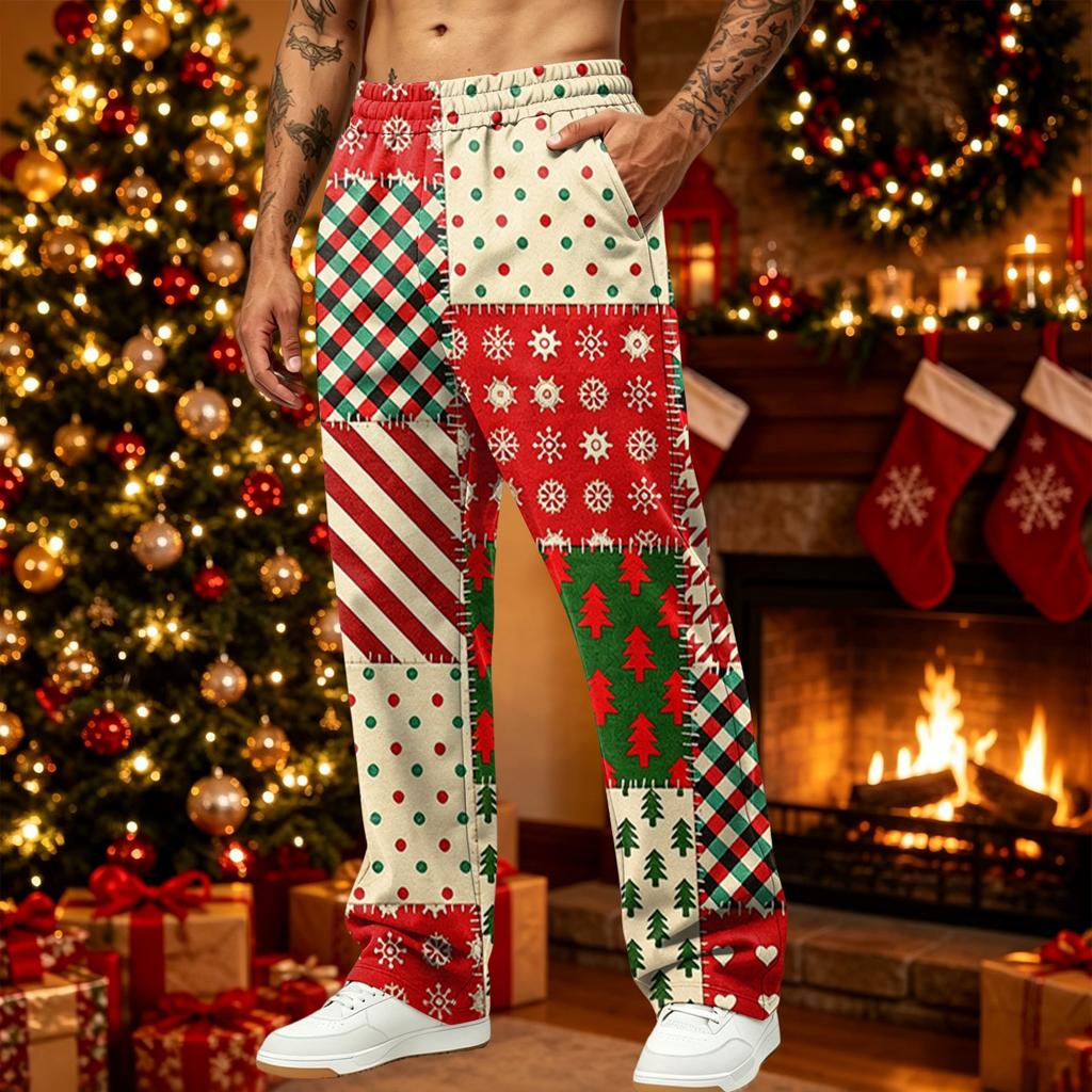 Men's Loose Fit Casual Christmas Print Pants with Pockets, Athletic Joggers for Holiday