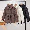 Winter Schlanker Damen Daunen Baumwollparka Knielang Kapuze Gürtel Mantel Gesteppte Jacke