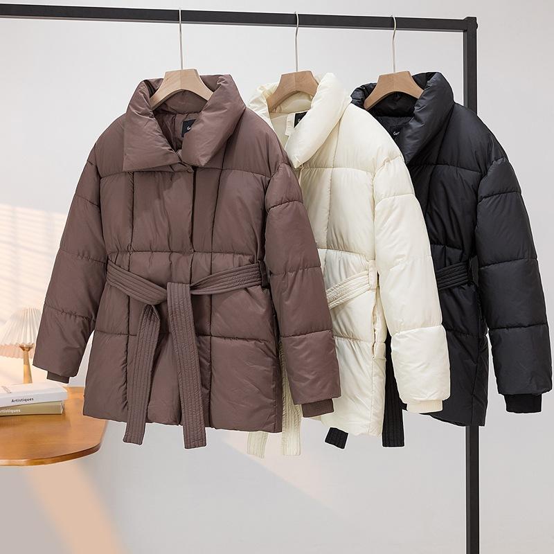 Winter Schlanker Damen Daunen Baumwollparka Knielang Kapuze Gürtel Mantel Gesteppte Jacke