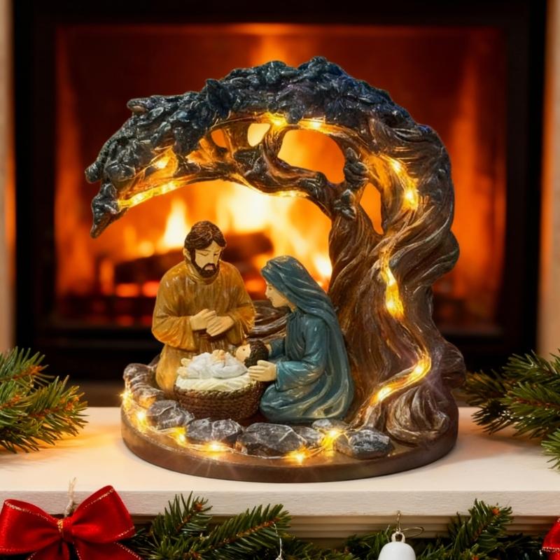 Sacred Nativity Scene Under Tree Resin Sculpture Decoration with LED Lighted for Christmas Home Tabletop Decors Ornament