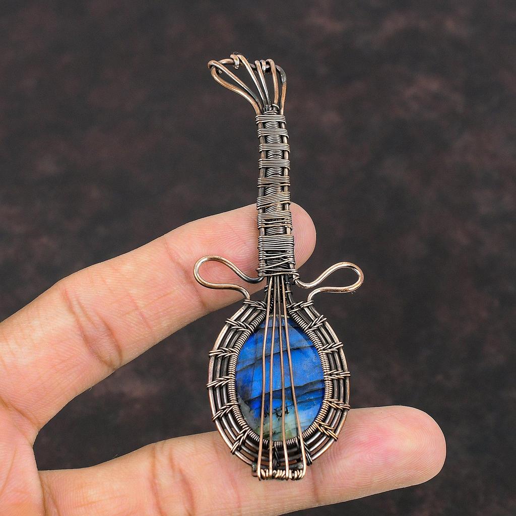 Labradorite Copper Wire Wrapped Pendant Gemstone Handmade Pendant Music Instrument Copper Jewelry Gift For Her Labradorite Guitar Pendant