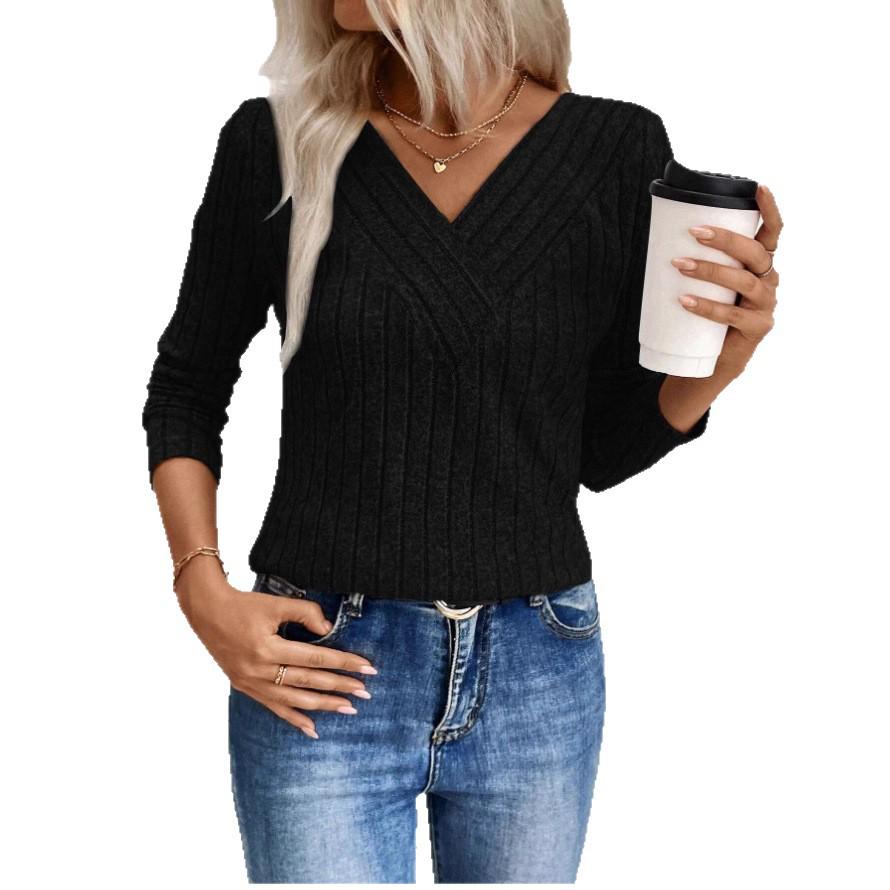 2025 Women's European & American Style V-neck Ribbed Casual Slim Fit Long Sleeve Autumn/Winter T-shirt