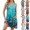 Women's V Neck Sleeveless Tank Dress Loose Waist Japanese Casual Floral Print Midi Dress with Pockets for Spring Summer Beach Vacation Daily Wear