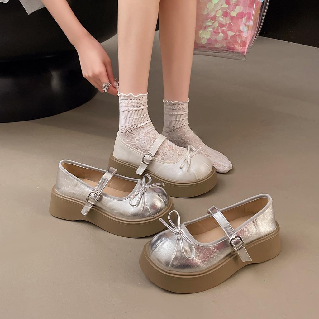 Bow women Mary Jane single shoes spring and summer new sweet buckle high-end leather shoes heightened and thin women's shoes