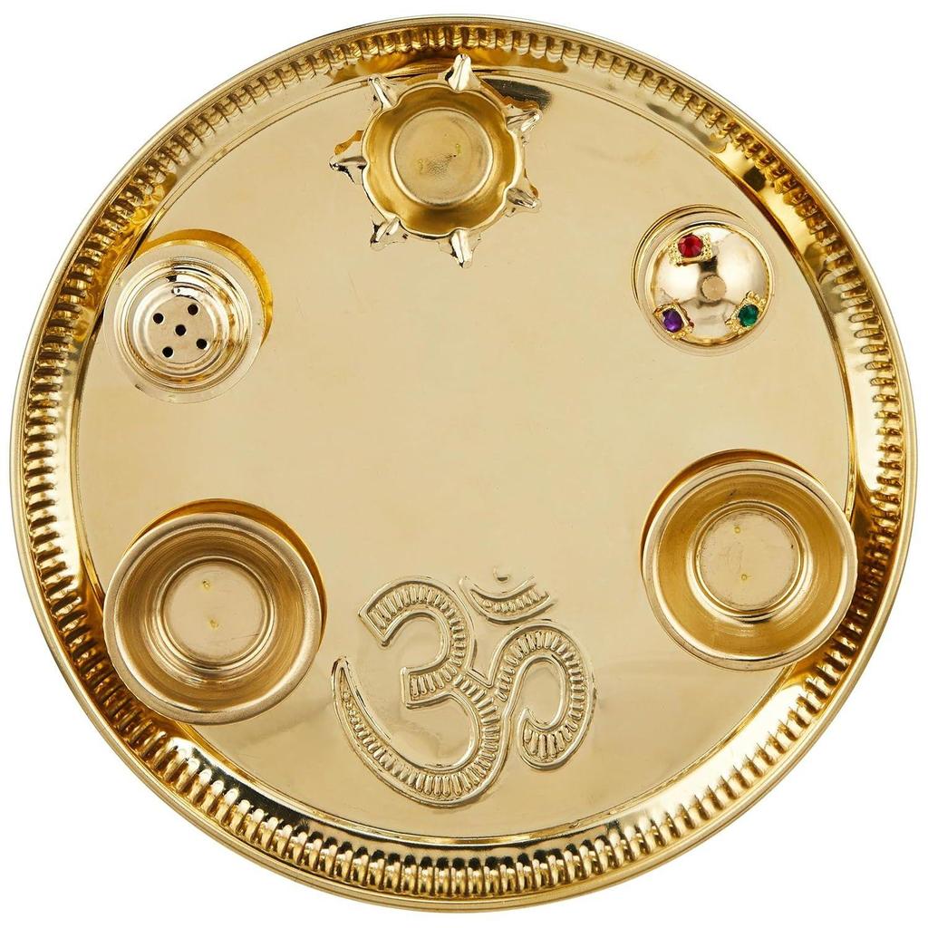 Brass Puja Thali with Accessories - Jyot, Bowls and Sindoor Box | Golden