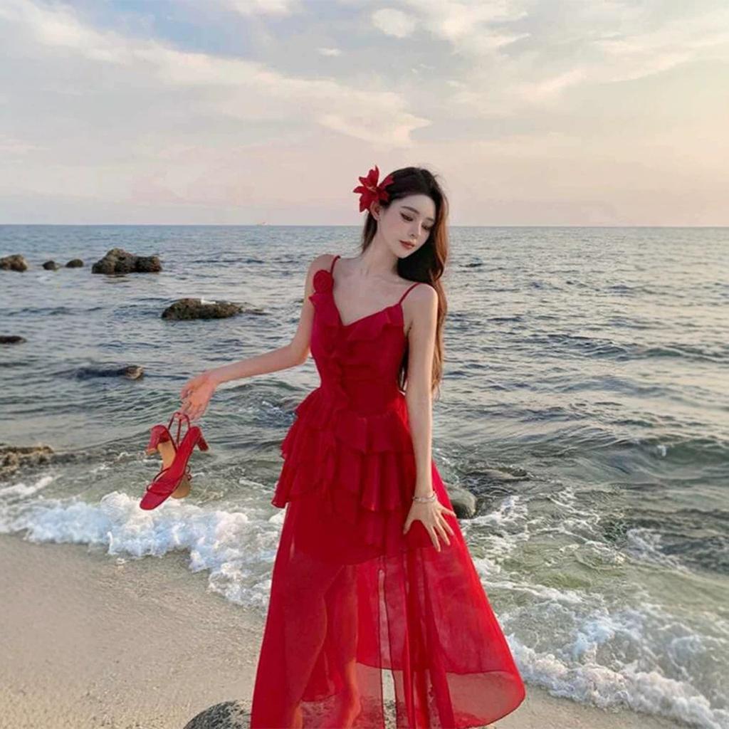 French Beautiful Irregular Ruffle Edge Red Suspender Dress Women's Summer Seaside Vacation Atmosphere Temperament Dress
