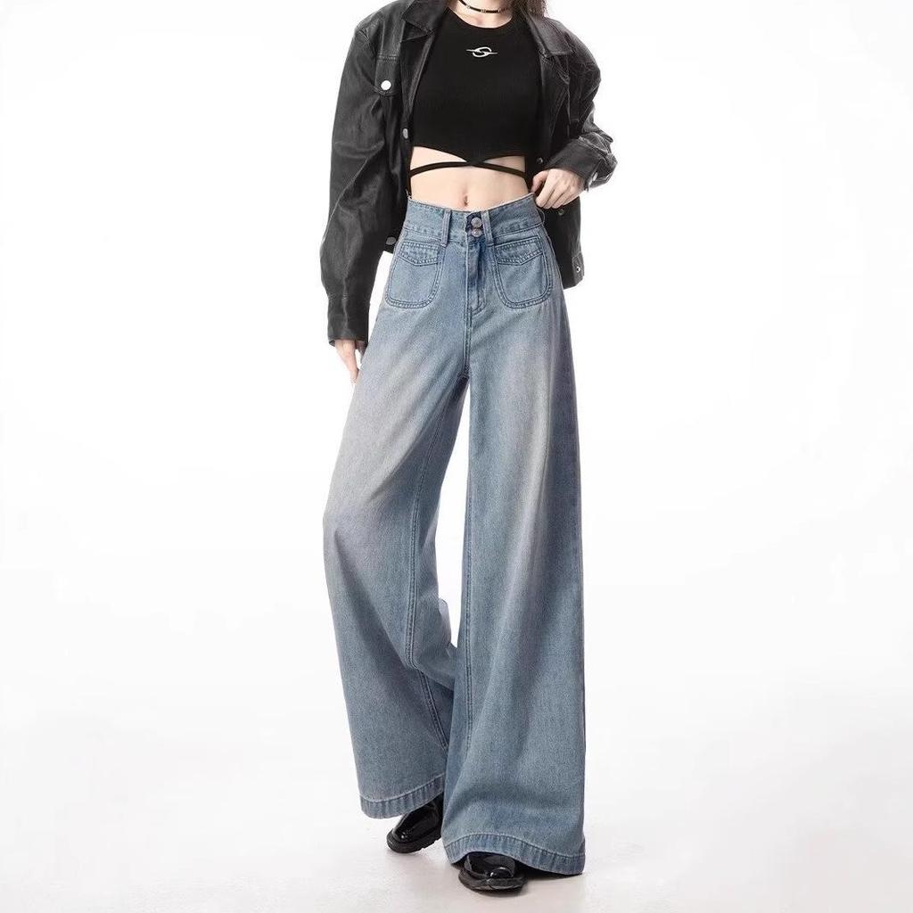 Women's Light Blue High-Waisted Wide-Leg Jeans - 2024 Spring/Autumn, Loose Casual Slimming Fit