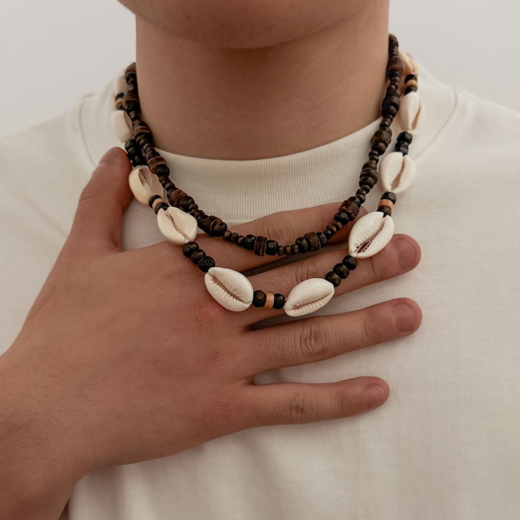 Salircon 2Pcs/Set Retro Gothic Scallop Wood Beaded Chain Necklace Men Hip Hop Fashion Versatile Handmade Choker Necklace Jewelry