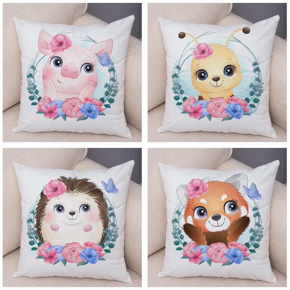 Cartoon Bird and Leaves Pillow Case Decor Cute Animal Lion Cushion Cover for Children Room Sofa Home Plush Pillowcase 45x45cm