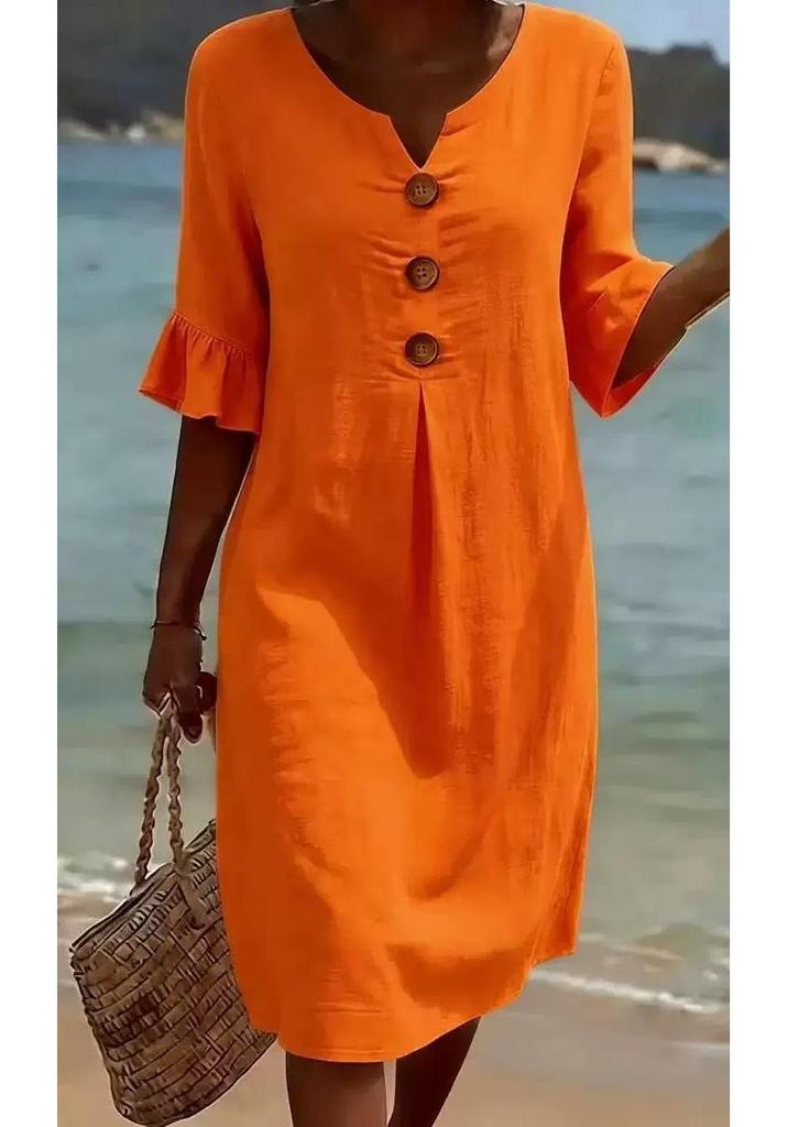 Abito Europeo in Cotone e Lino con Scollo a V, Bottone Grande e Maniche Arricciate per Donna - Collezione Primavera/Estate 2026