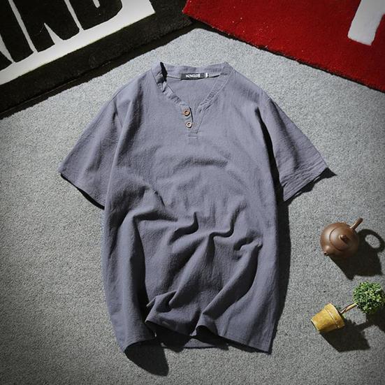 Men T-shirt Short Sleeves V Neck Button Solid Color Slim Fit Cotton Linen Summer Casual Male Tee Shirt Top Daily Wear