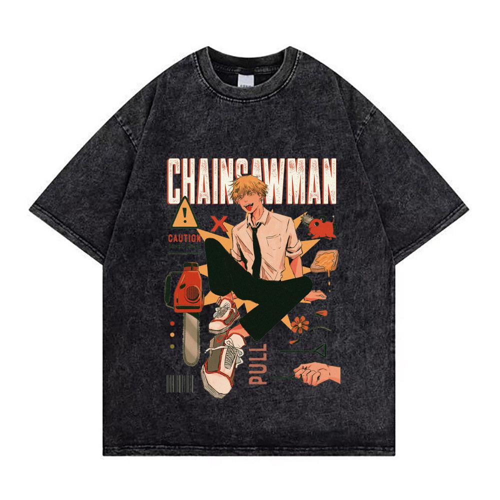 Chainsaw Man Denji Power Manga Panel Vintage Washed T Shirt  Summer Oversized Streetwear Anime Graphic Tee for Men Women