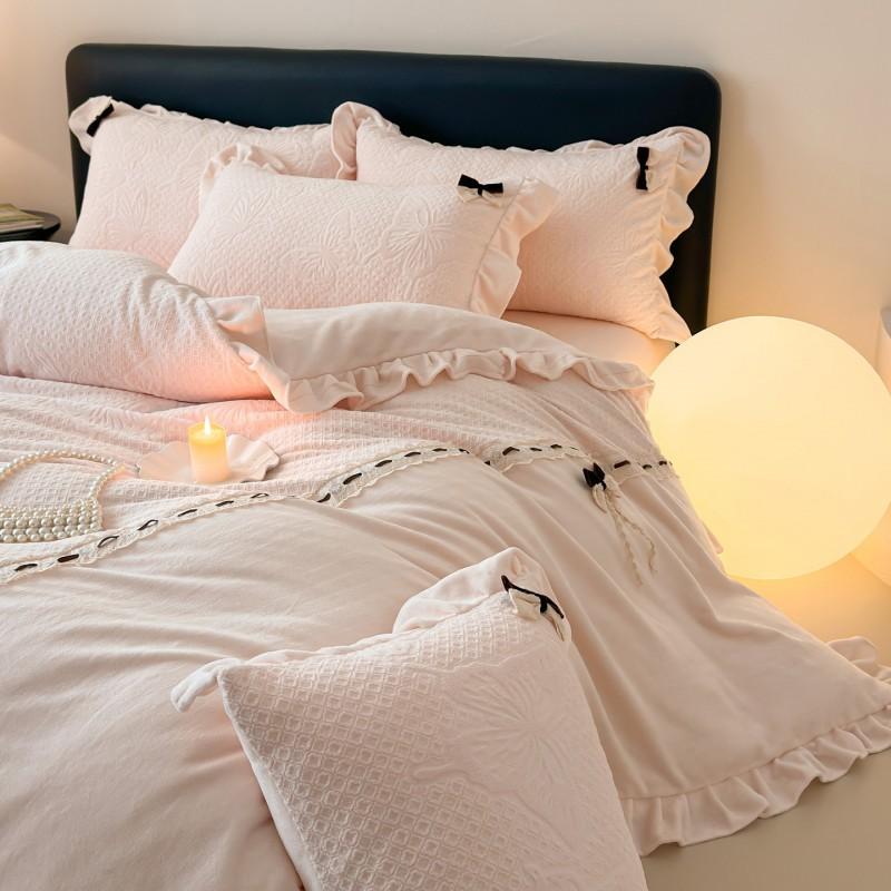 Korean Style Milk Fleece Bedding Set Lace Trim Bow Decor Thick Warm Anti-Static