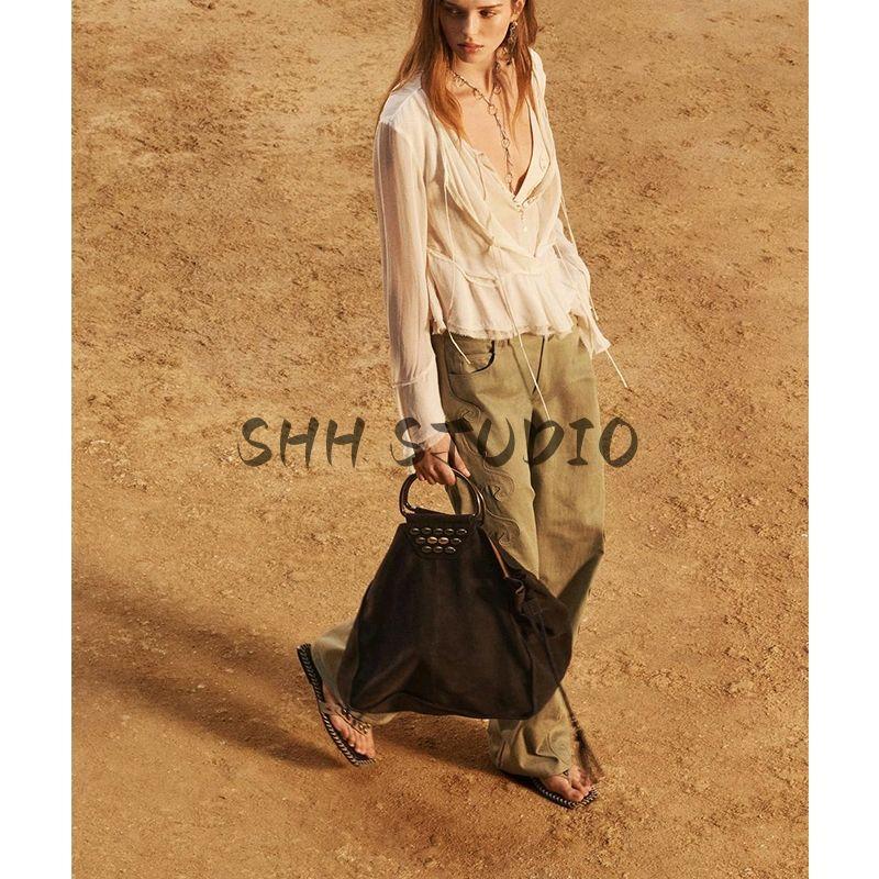 Spring and Summer New Women's Clothing French Style Casual round Neck Loose Bell Sleeve Shirt A- line Tops