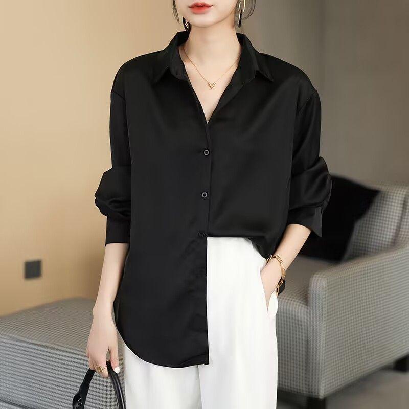 

Женская летняя блузка из ледяного шелка с драпировкой, свободная, элегантная, универсальная, однотонная, в стиле ретро, удобная, легкая M чёрный