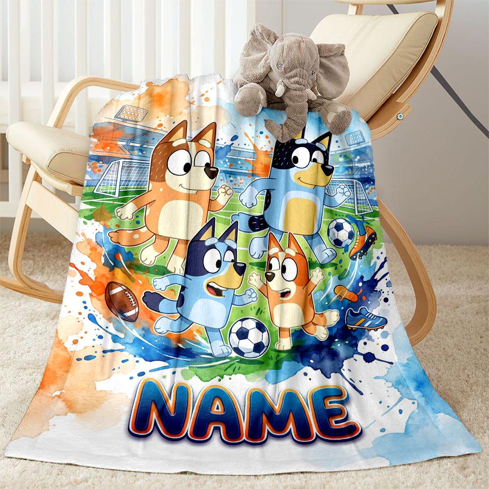 Bluey's Soccer Fun Customize Text Blanket Multi-purpose Personalized Blanket Ultra-Soft Suitable for Bedding Seaside Office Chair Chair