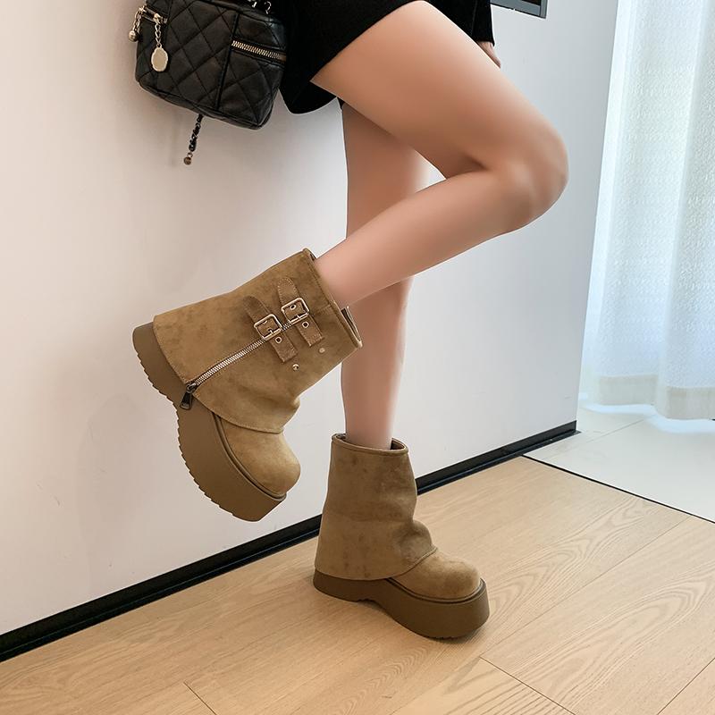 Fashion Women's Chunky Motorcycle Boots Autumn Suede Leather Hidden Heels Sneakers Winter Punk Boots 6.5cm Heels Platform Ankle Boots