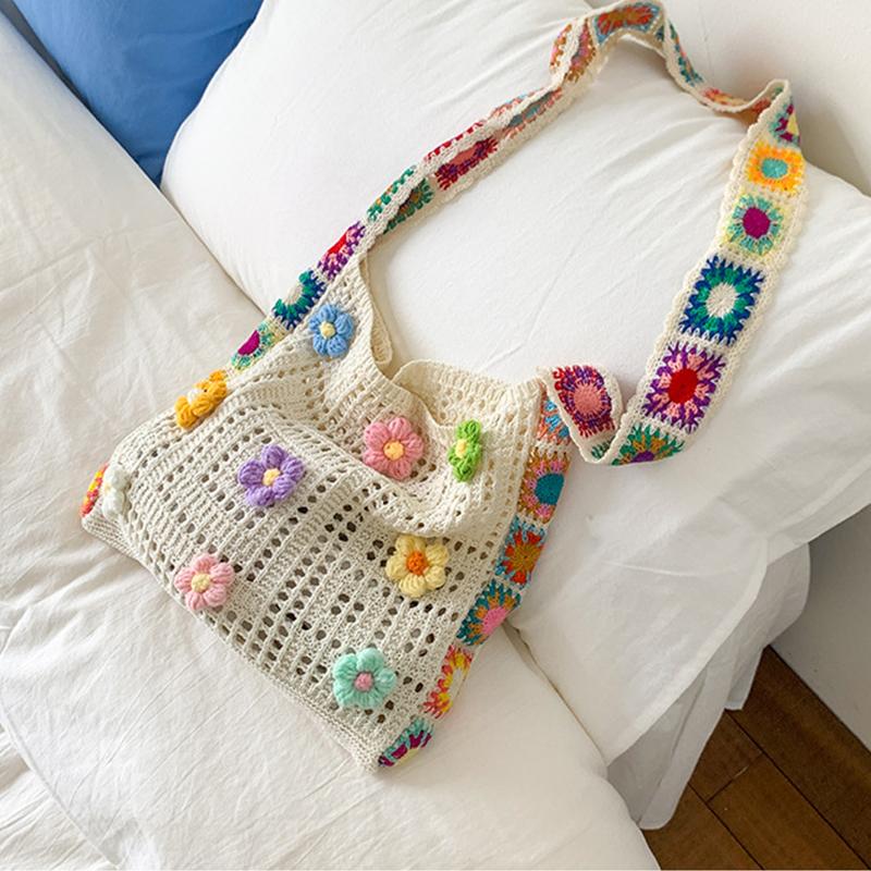 Trendy Large Capacity Boho Tote Bag Floral Crochet Handbag Vintage Multicolor Cut-out Knitted able Hollow out Handbag