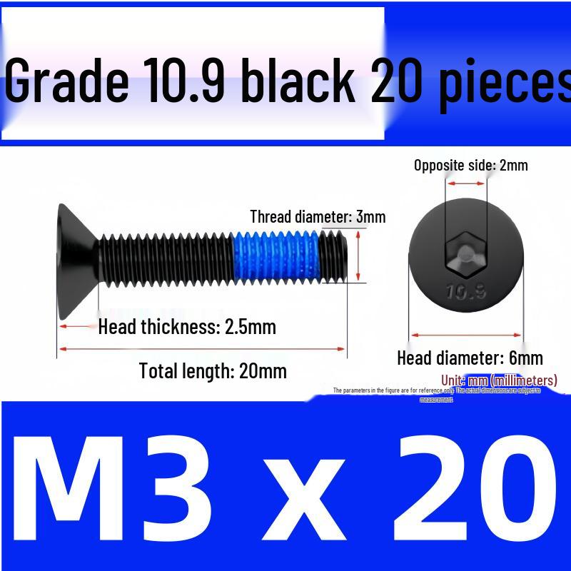 Black Anti-Slip Flat Cup Screw with Adhesive Blue Glue, Countersunk Hexagon Socket, Available in M2-M8 Sizes