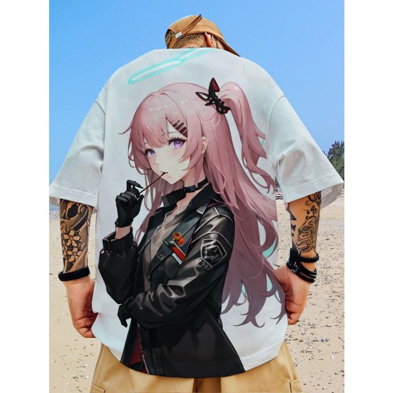 Nova camiseta casual masculina com estampa de beleza bidimensional impressa em 3D, manga curta, moda de rua, estampa de anime, top de gola redonda
