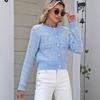 A Checkered Knitted Cardigan for Women, A Fashionable Sweater with Bright Brick Bows and Pearl Buttons