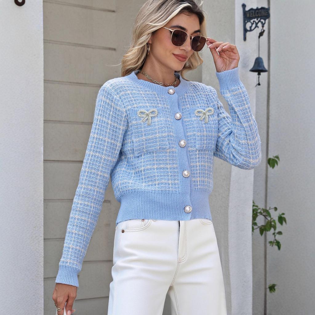 A Checkered Knitted Cardigan for Women, A Fashionable Sweater with Bright Brick Bows and Pearl Buttons