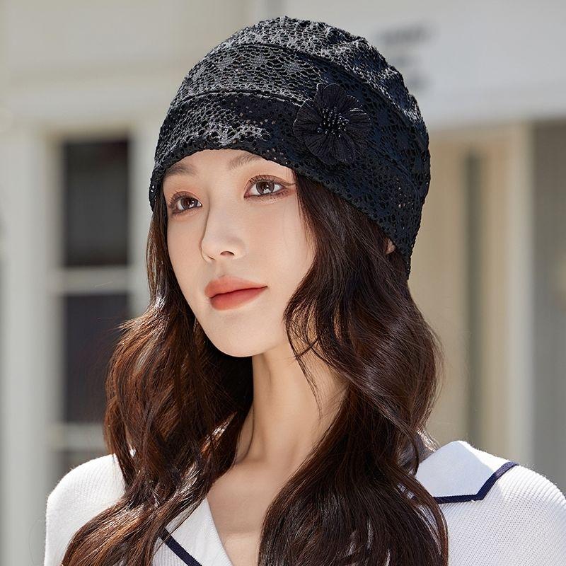 Sommer Hohl Turban Atmungsaktiv Spitze Dünn Mode Zum Überziehen Hut Damen Blume Einlagig Netz Koreanischer Stil