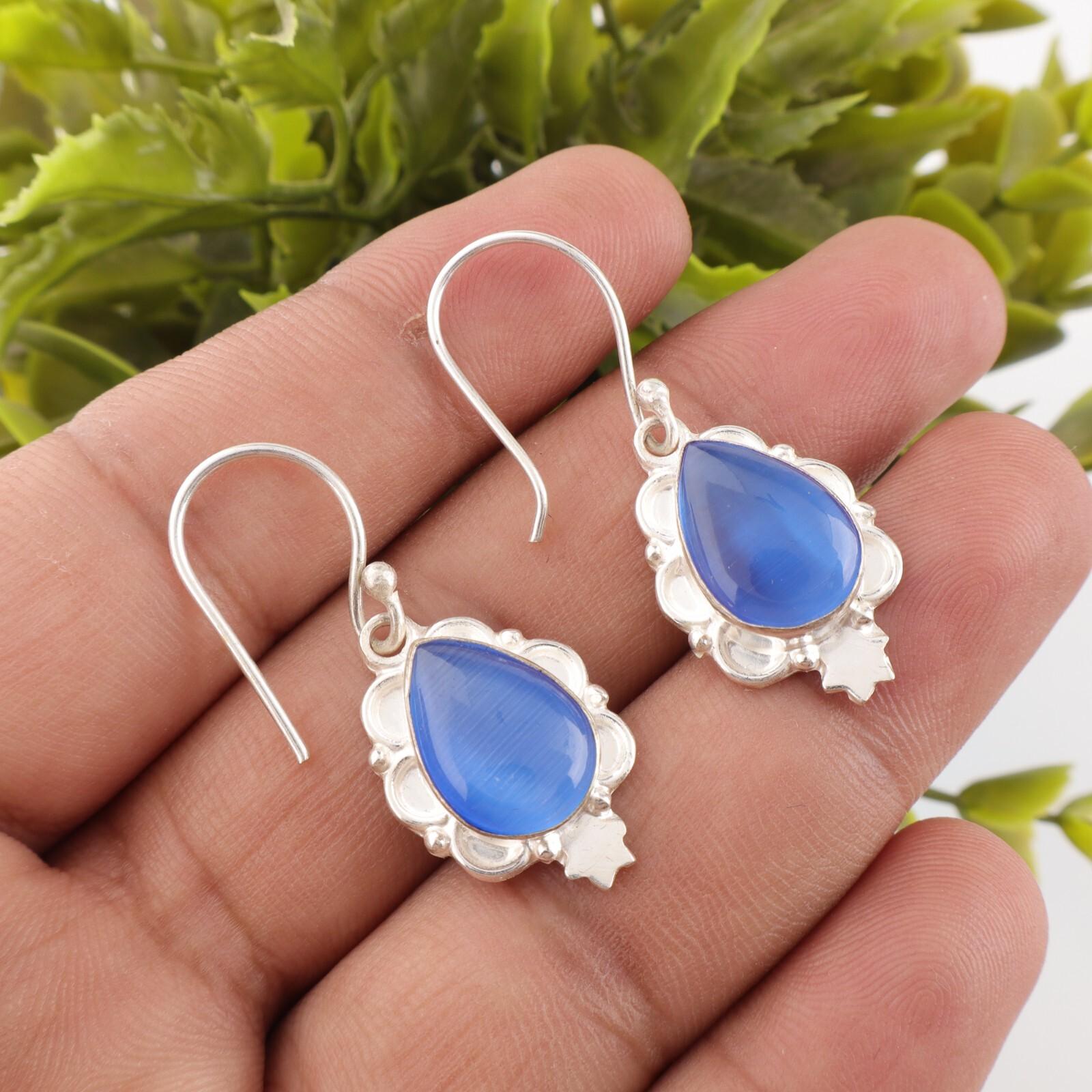 

Dark Blue Cat s Gemstone 925 Sterling Silver Handmade Women s Jewelry Earrings EE-163-45