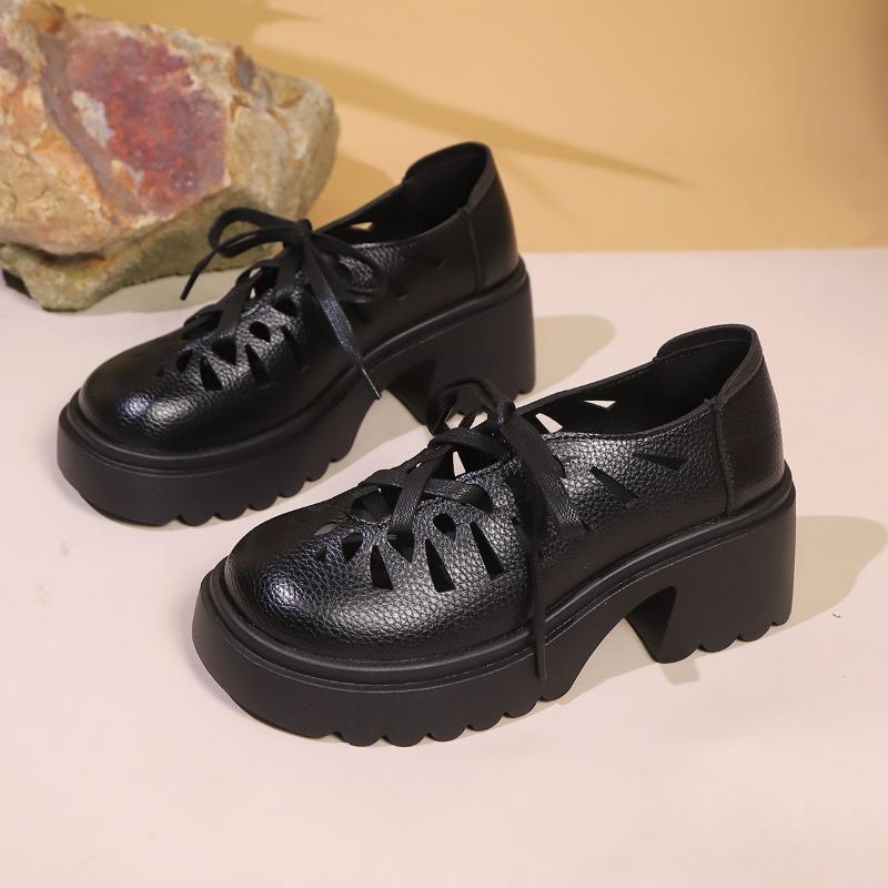 Platform Cut-Out High Heel Lace-Up Small Leather Shoes Women's Round Toe Shallow Mouth Platform Block Heel Loafers