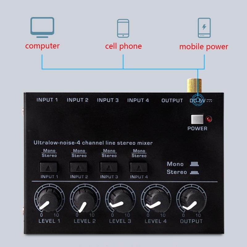 Ultra Compact Audio Mixer KTV Karaok 4 Channel Professional Sound Mixer Ultra Low Noise 4Channel Audio Line Mixer