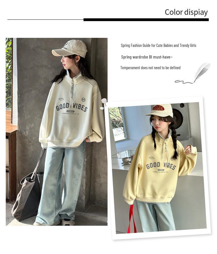 Korean Style Half-Zip Stand Collar Girls' Hoodie - Spring/Autumn Fashion