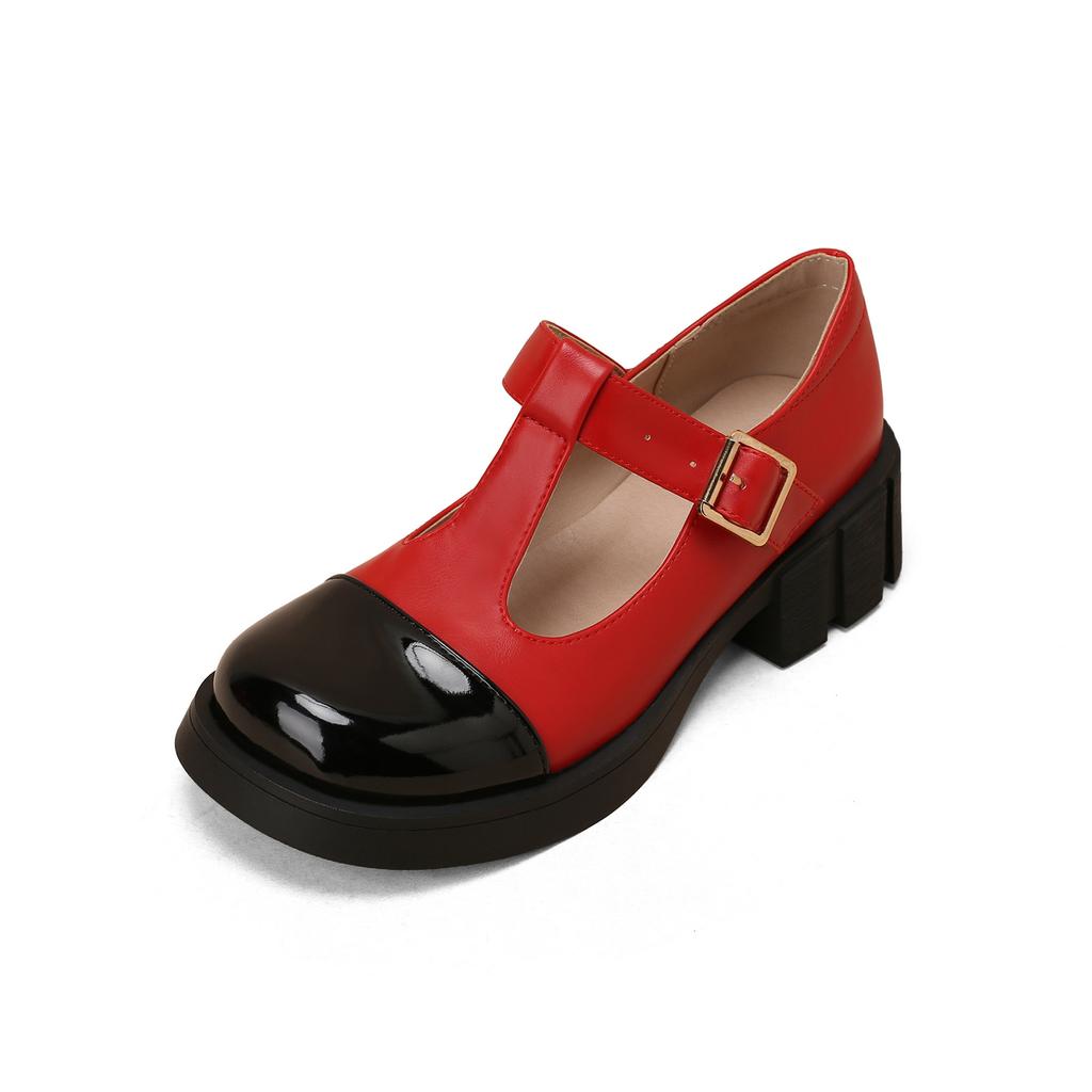 Women Patent PU Leather Two Tone Mary Jane Shoes T Strap Chunky Heels Goth Pumps Kawaii Girls Platform Ladies