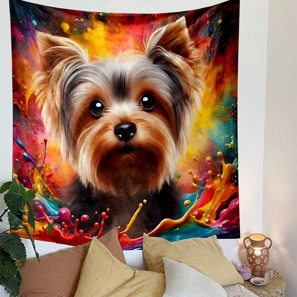 Colorful Yorkie Dog Portrait Patterned Tapestry Decorative Wall Hanging, Home Bedroom Living Room Decor