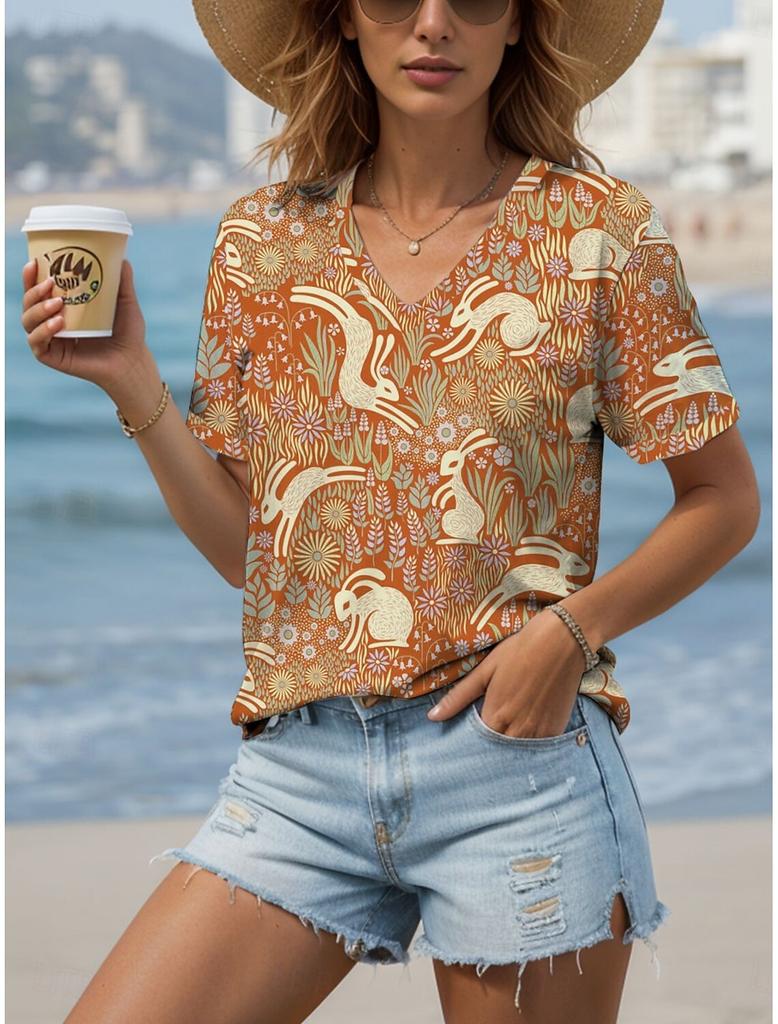 Damen T-Shirt Kawaii Tiergrafik Mode Kurzarm V-Ausschnitt Reguläre Oberteile Täglich bedrucktes T-Shirt Sommer Frühling lässige Oberteile