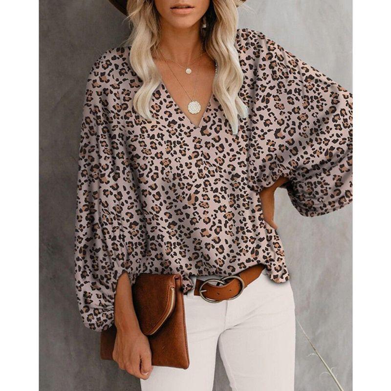 

New V-Neck Printed Loose Long Sleeve TOPV Collar Print Loose Long Sleeve Top Leopard XXL