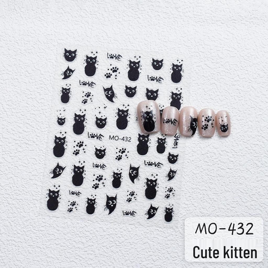 Cute Cat & Fishbone Nail Stickers - Frizzy Kitten Embossed Design