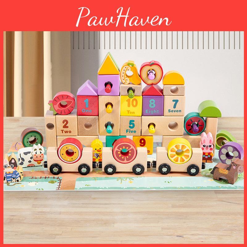 Wooden Educational Fruit Train Building Blocks For Digital English Cognition Toy