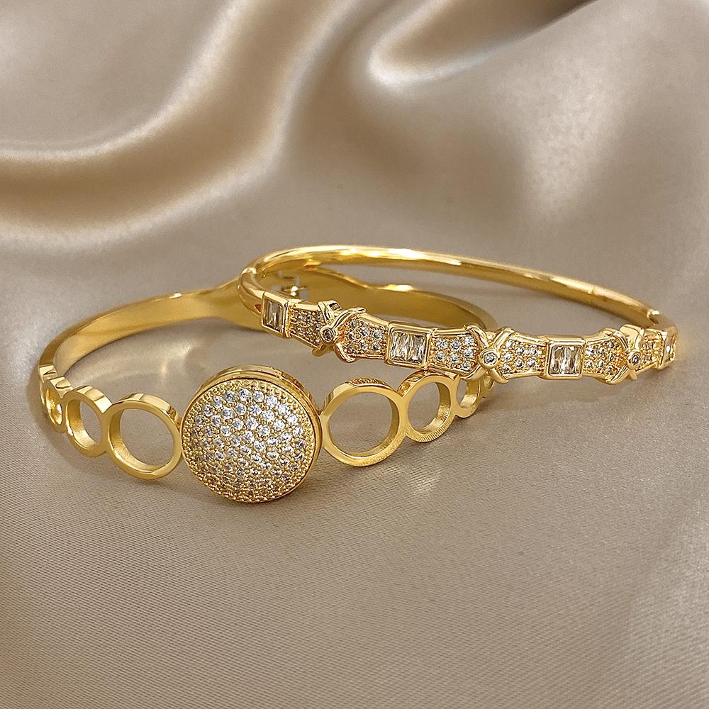 New Stainless Steel Waterproof Cuff Bracelet Bangle for Women Exquisite Shiny Inlaid Zircon Geometric Stacked Jewelry Gifts