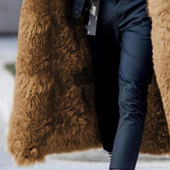 Men Winter Overcoat Faux Fur Thicken Long Sleeves Pockets Solid Color Warm Midi Length Plus Size Buttons Outdoor Coat for Camping