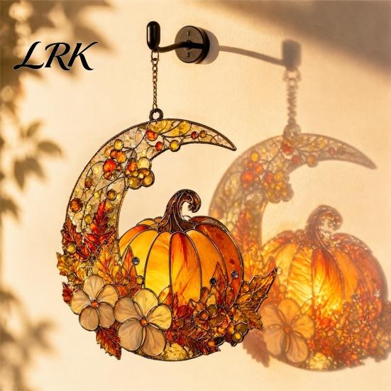 Acrylic Fairy Tale Suncatcher for Indoor Outdoor Stained Glass Pumpkin Moon Suncatcher, Crescent Window Hanging Decor with Chic Autumn Atmosphere