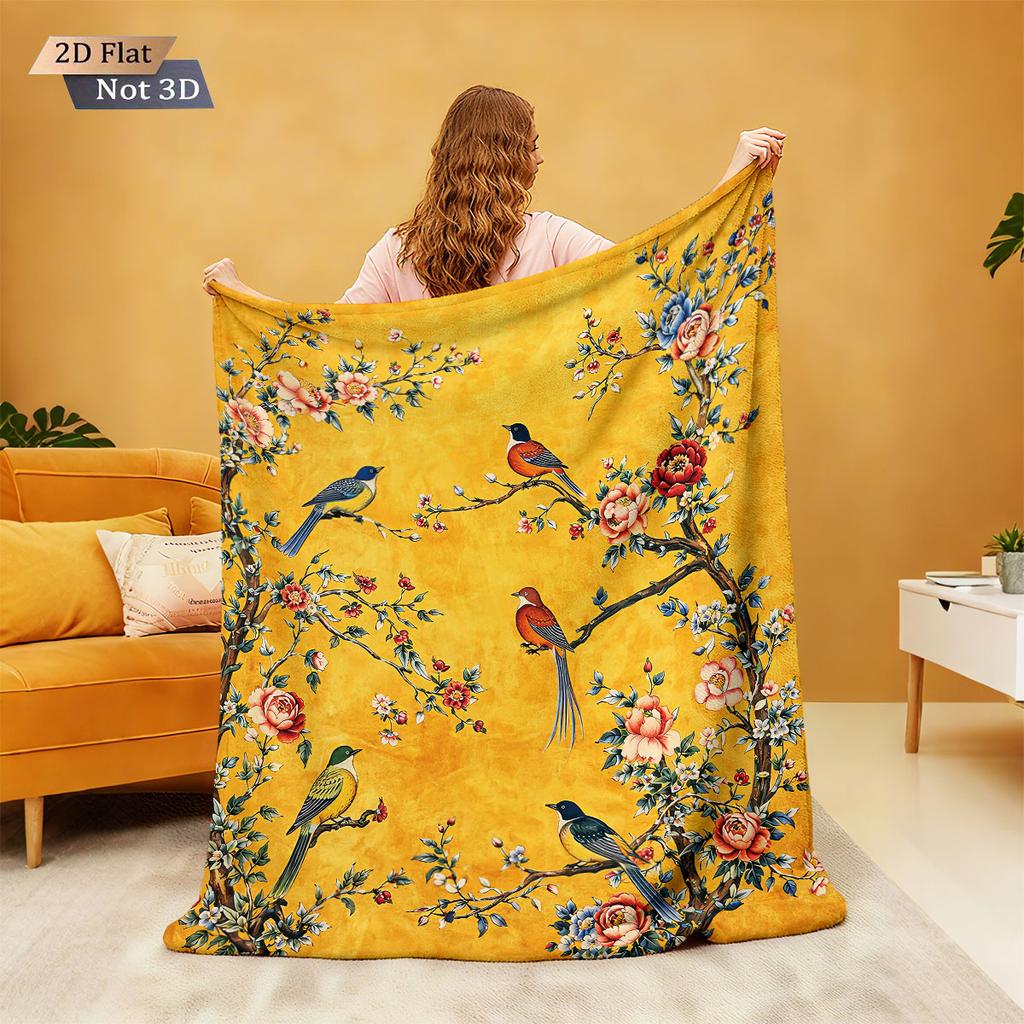 1Pc Chinese Style Flower Bird Print Flannel Blanket Multi Size Living Room Sofa Nap And Leisure Blanket Soft Machine Washable