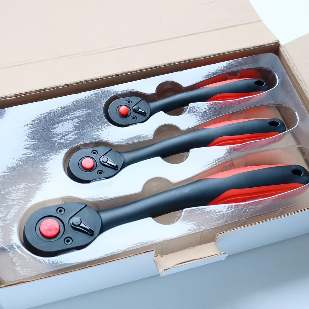 Set of 3-piece 72-tooth Compound Ratchet Wrench Set, Full Composite Housing In Chrome Vanadium Steel, Chrome Handle, Quick Loading