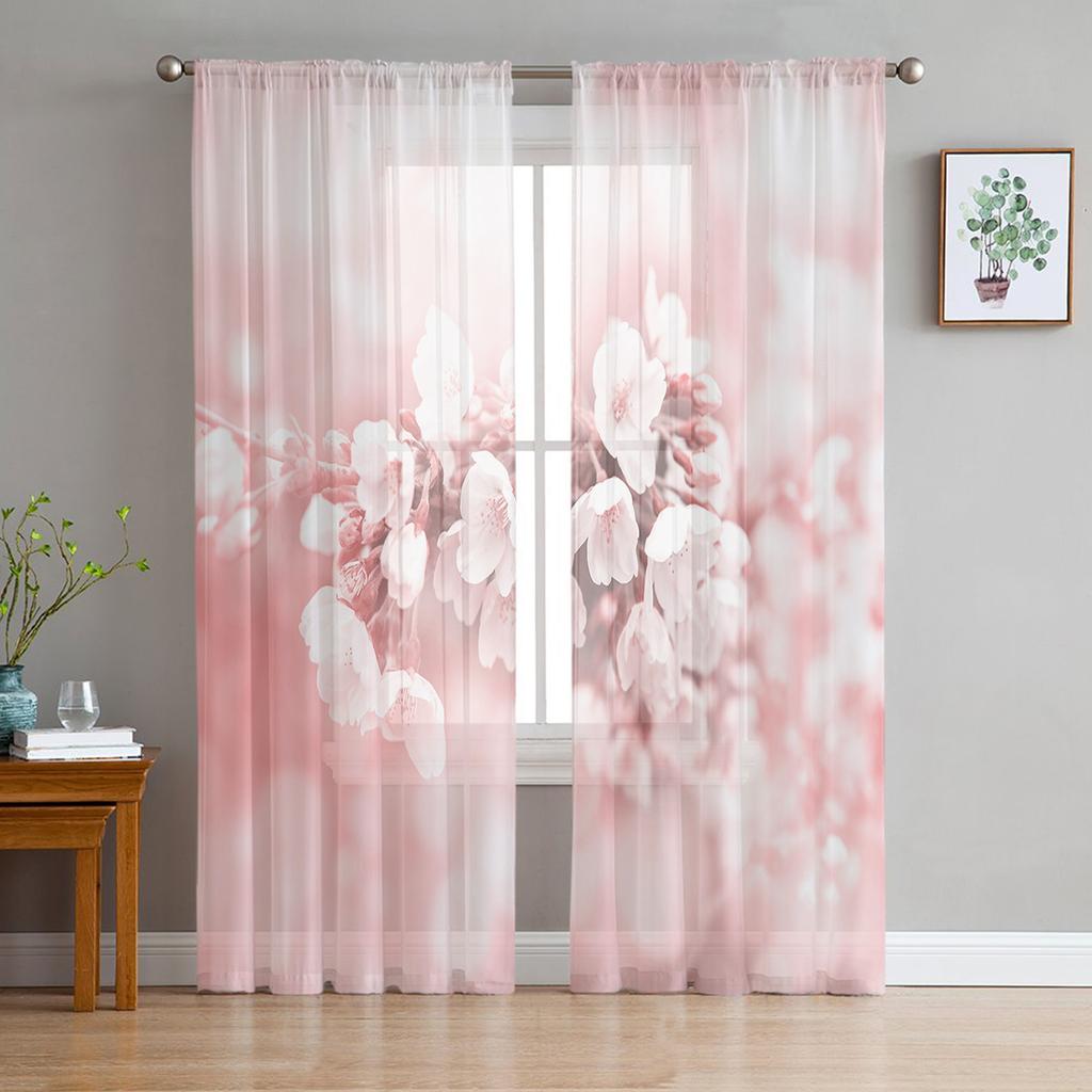 Pink Flower Cherry Blossoms White Tulle Curtains for Living Room Bedroom Decoration Chiffon Sheer Voile Kitchen Window Curtain