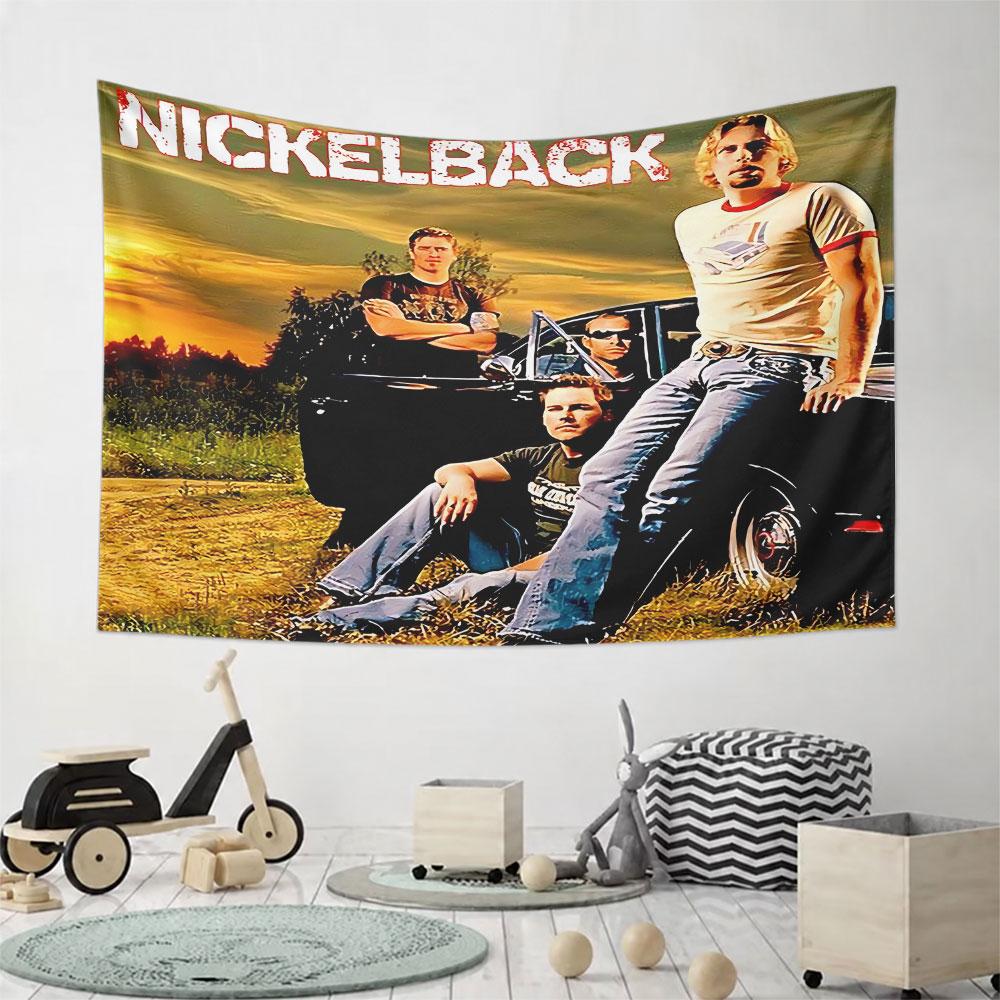 Band posing near a black car with a grassy backdrop and sunset sky. Patterned tapestry for bedroom and living room home decor