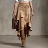 Women's Vintage Western Irregular Rope Tie Fringe Suede Midi Skirt Crossborder for Europe America
